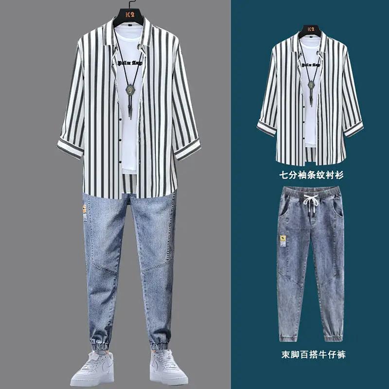 Striped shirt men's summer suit 2021 new men's suit with a handsome three-piece shirt with three-quarter sleeves