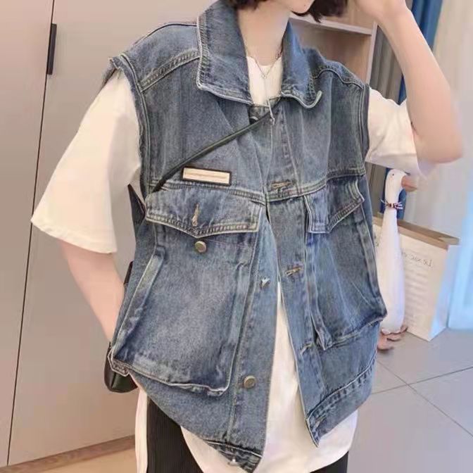 2023 new denim vest women's large pocket ins Korean casual BF style tooling vest shoulder loose waistcoat jacket