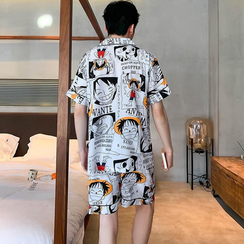 One Piece Ice Silk Short Sleeve Pajamas Men Summer  New Teen Thin Cartoon Boys Home Clothes