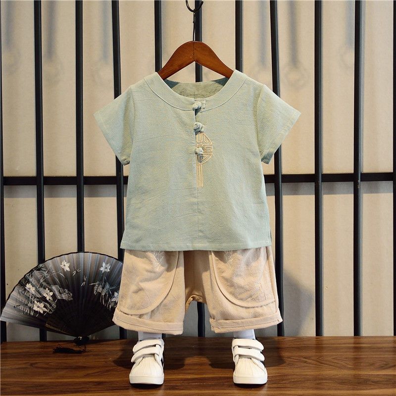 男童汉服古装夏季儿童唐装中国风中小童短袖套装宝宝复古周岁礼服