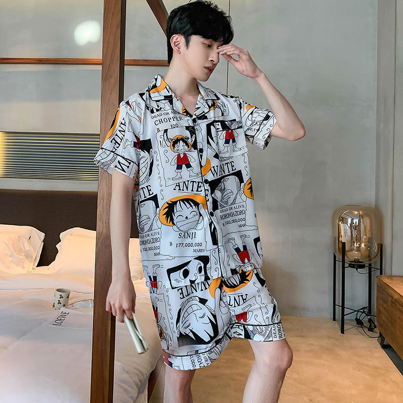 One Piece Ice Silk Short Sleeve Pajamas Men Summer  New Teen Thin Cartoon Boys Home Clothes