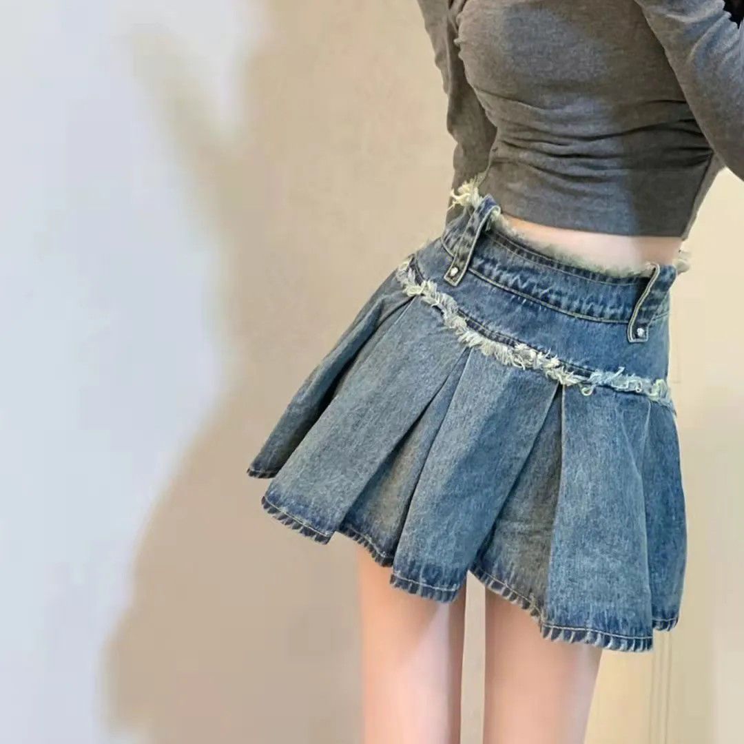 Design sense raw edge denim pleated skirt female summer ins new hot girl a-line skirt loose slim skirt tide