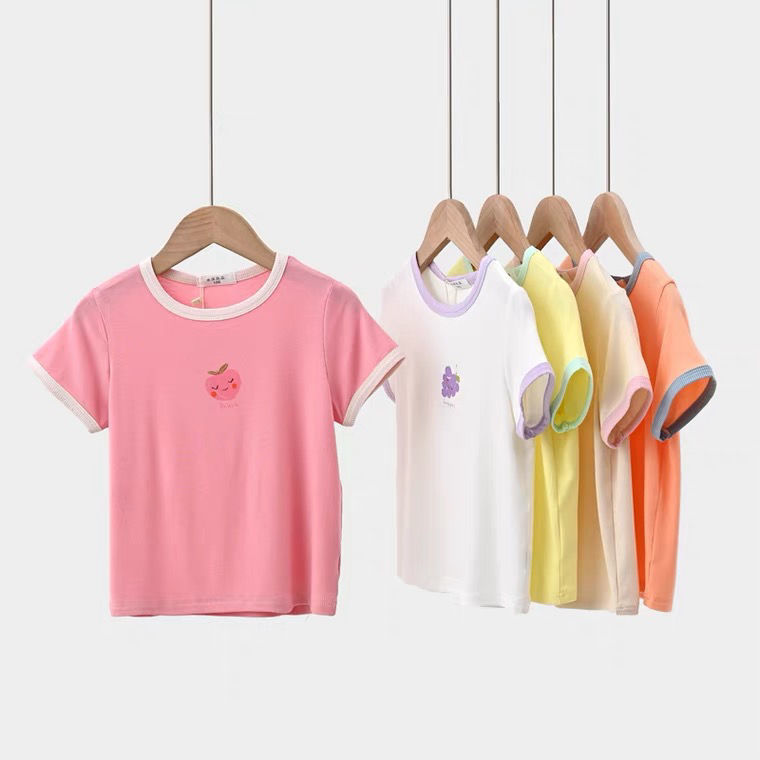 Thin and soft modal T-shirt, children's cartoon fruit short-sleeved top, boys and girls contrast color bottoming shirt, summer children's clothing