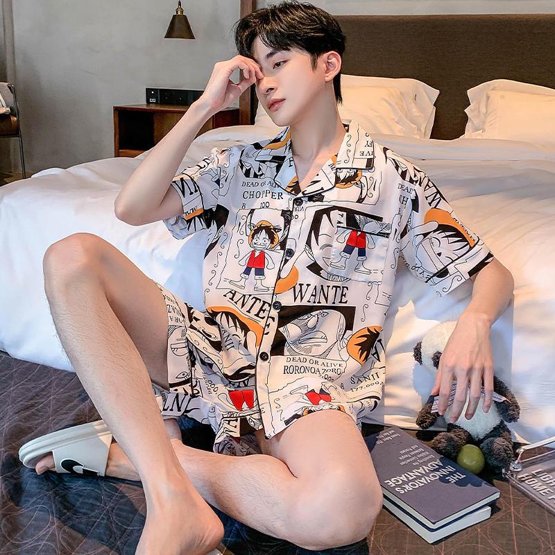 One Piece Ice Silk Short Sleeve Pajamas Men Summer  New Teen Thin Cartoon Boys Home Clothes