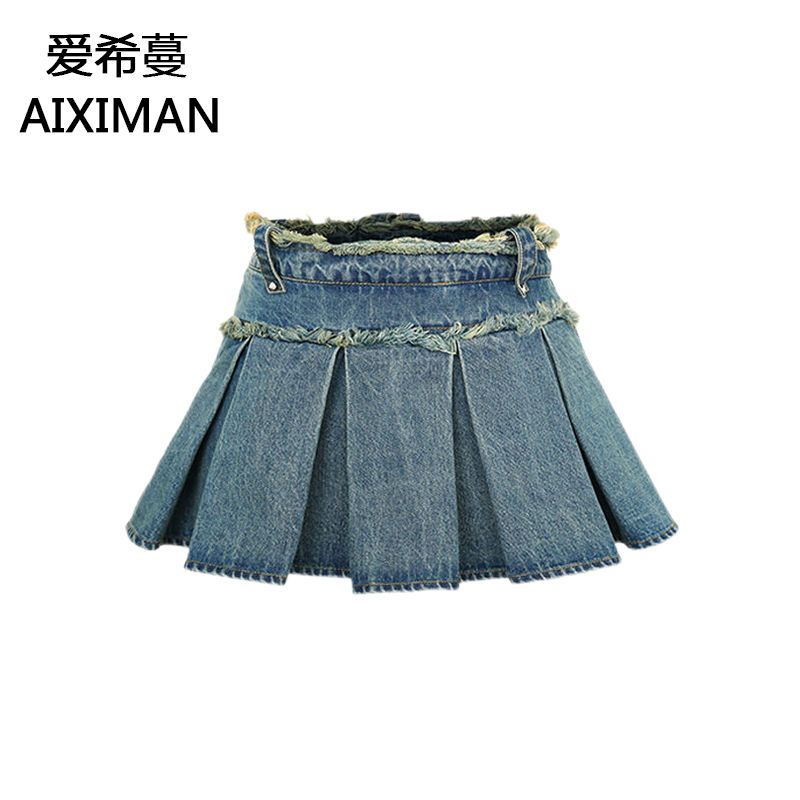 Design sense raw edge denim pleated skirt female summer ins new hot girl a-line skirt loose slim skirt tide