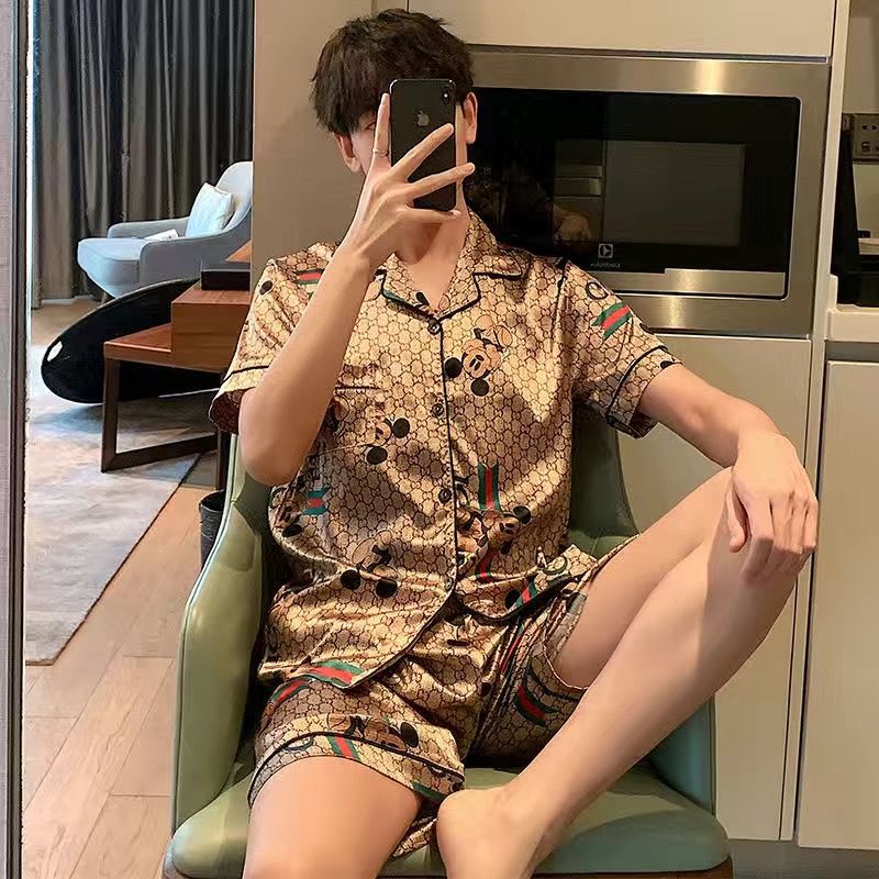 One Piece Ice Silk Short Sleeve Pajamas Men Summer  New Teen Thin Cartoon Boys Home Clothes