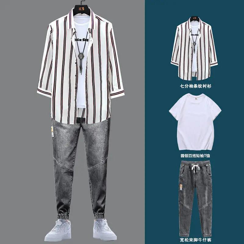 Striped shirt men's summer suit 2021 new men's suit with a handsome three-piece shirt with three-quarter sleeves