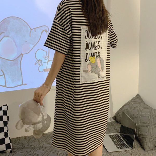 gillaimar pajamas women's summer short-sleeved cute cartoon striped Dumbo pure cotton nightdress Bear's home service