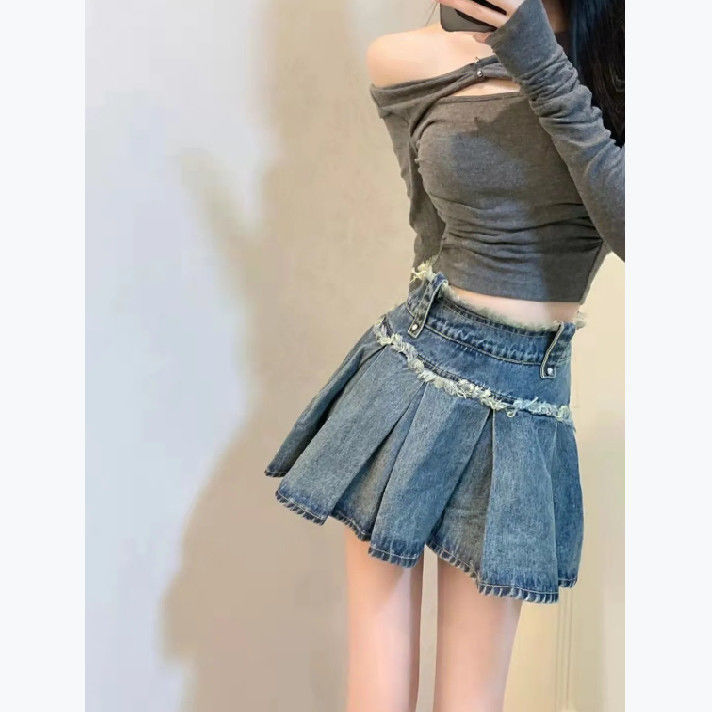 Design sense raw edge denim pleated skirt female summer ins new hot girl a-line skirt loose slim skirt tide