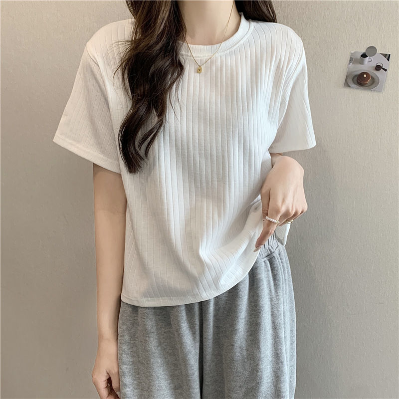 Ins super fire pit strip short-sleeved T-shirt female 2023 summer new loose all-match thin section small student clothes