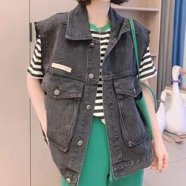 2023 new denim vest women's large pocket ins Korean casual BF style tooling vest shoulder loose waistcoat jacket