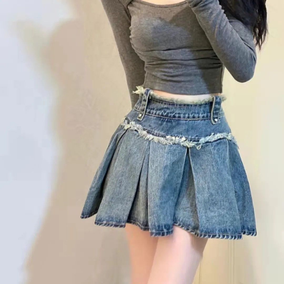 Design sense raw edge denim pleated skirt female summer ins new hot girl a-line skirt loose slim skirt tide