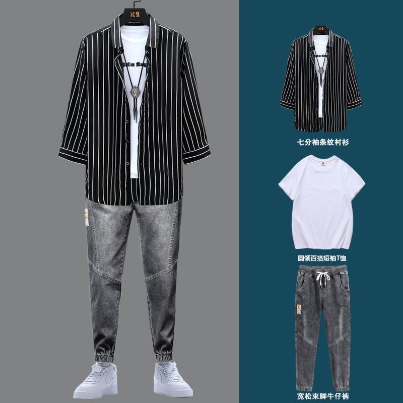 Striped shirt men's summer suit 2021 new men's suit with a handsome three-piece shirt with three-quarter sleeves