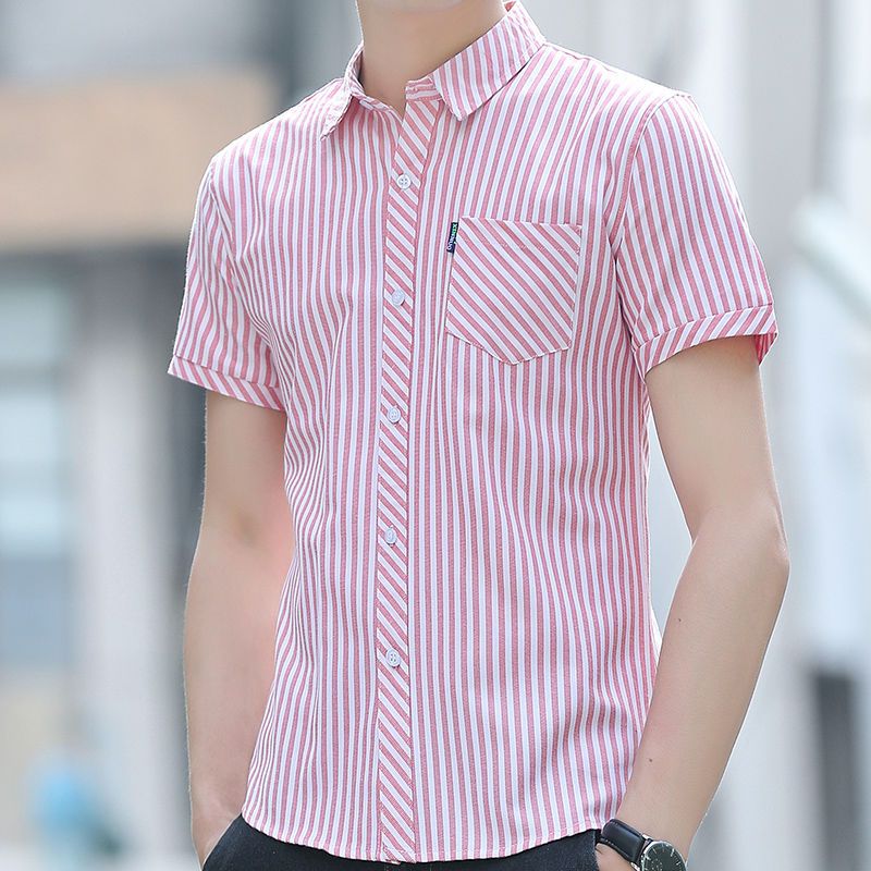 Summer new short-sleeved shirt men's classic striped shirt with pockets youth men's Korean version of slim upper clothes