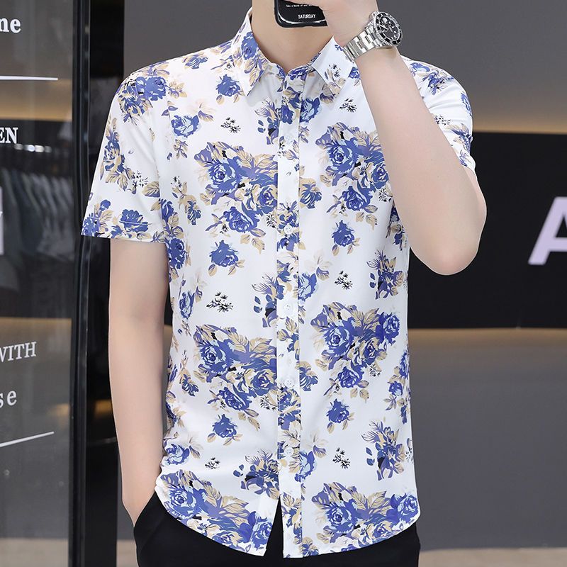 Cool printed short-sleeved shirt men's summer Korean style trendy ice silk shirt casual handsome summer fashion fashion inch clothes
