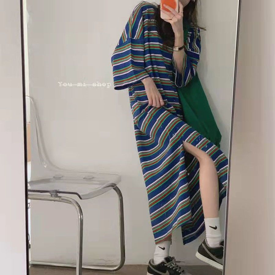 Large size fat mm300 catties lazy striped short-sleeved T-shirt nightdress women's long knee-length loose pajamas home clothes for outside wear