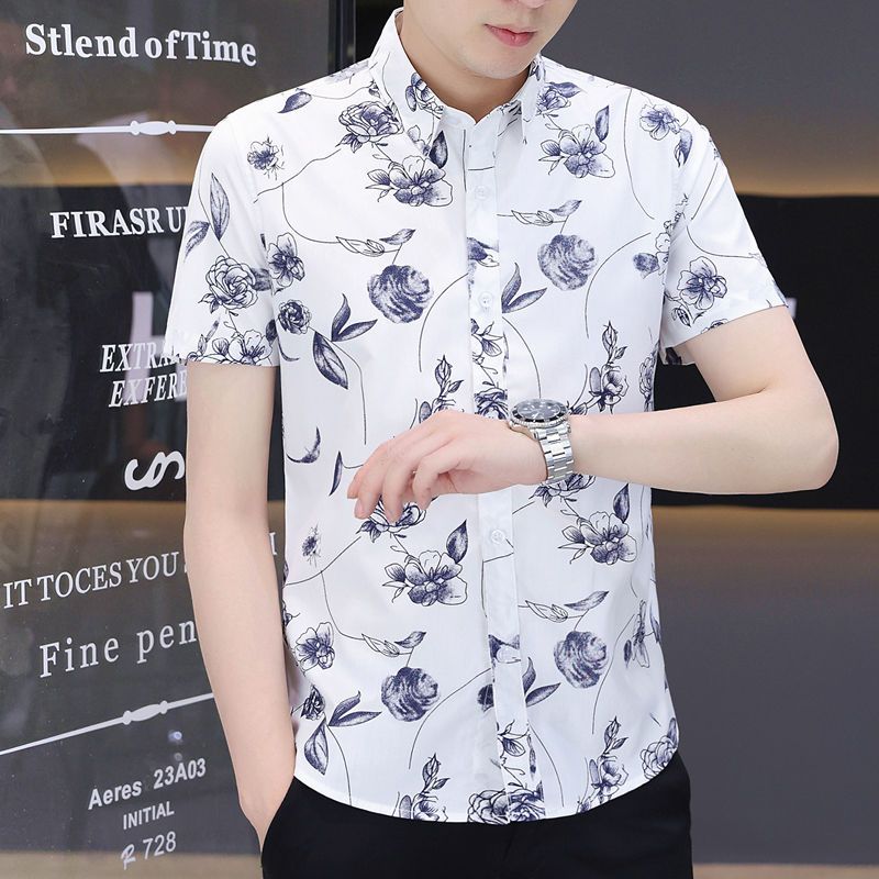 Summer men's short-sleeved shirt printed cotton shirt thin section trendy high-end sense handsome half-sleeve trendy brand inch clothes