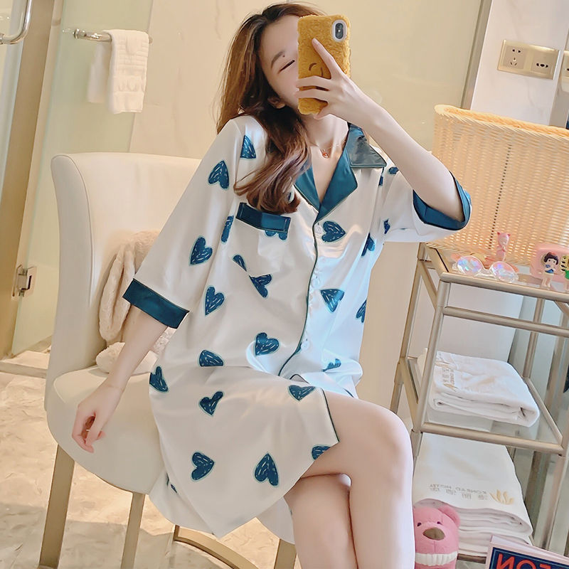 Summer ice silk nightdress women's thin section high-end luxury cardigan summer casual loose student pajamas home service long section