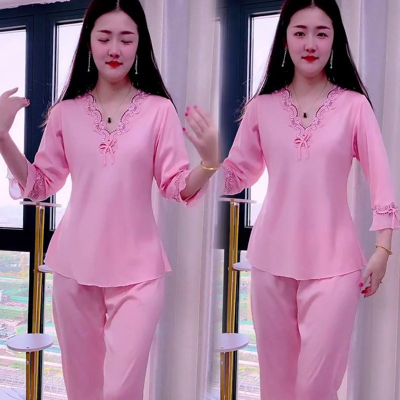 Pajamas women's summer long-sleeved trousers ice silk two-piece home service sexy silk imitation silk ladies cute suit