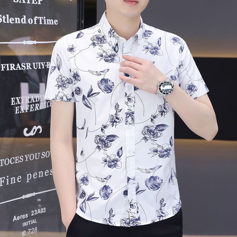 Summer men's short-sleeved shirt printed cotton shirt thin section trendy high-end sense handsome half-sleeve trendy brand inch clothes