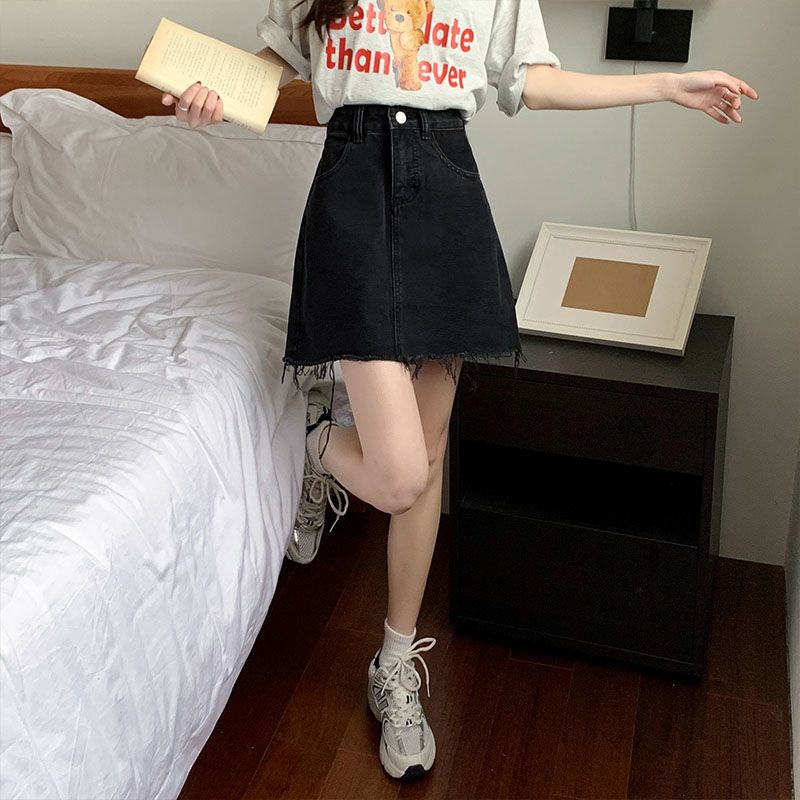 Hot Girl Denim Short Skirt Female Spring Summer Korean Version 2022 New Design Black High Waist A-Line Skirt One Step Skirt