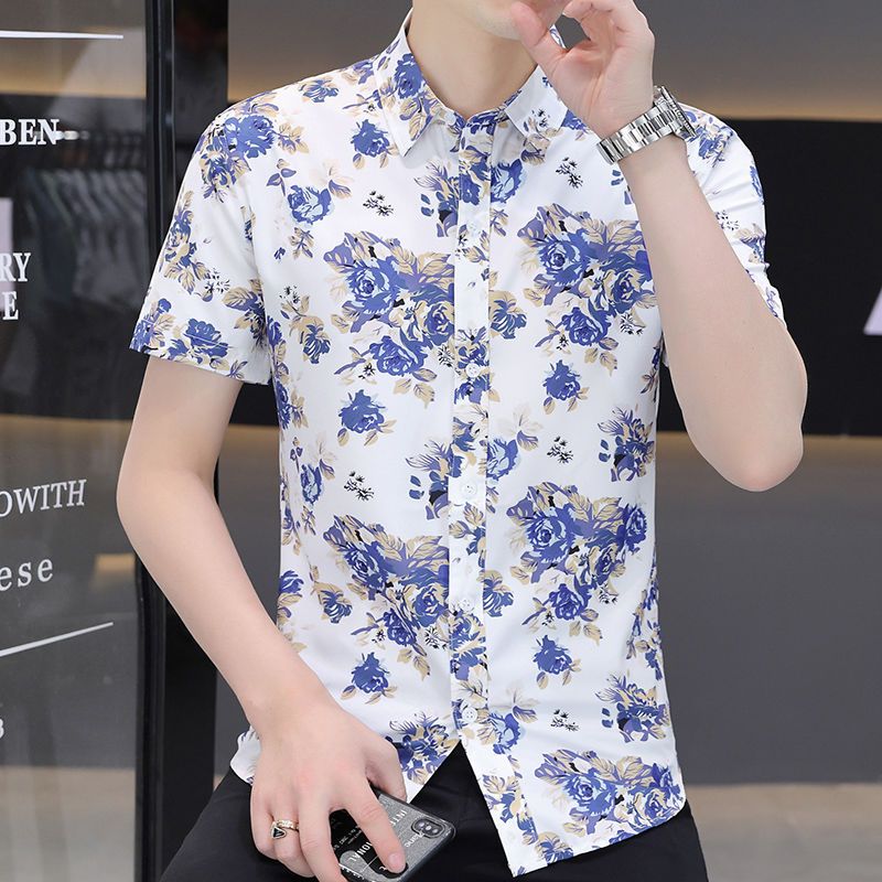 Cool printed short-sleeved shirt men's summer Korean style trendy ice silk shirt casual handsome summer fashion fashion inch clothes