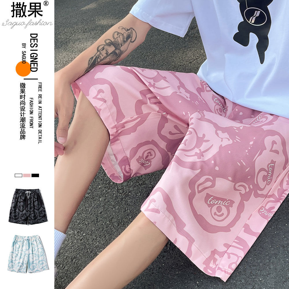 American hiphop national trend pink bear print five-point trend men's pants summer thin basketball shorts men's trend