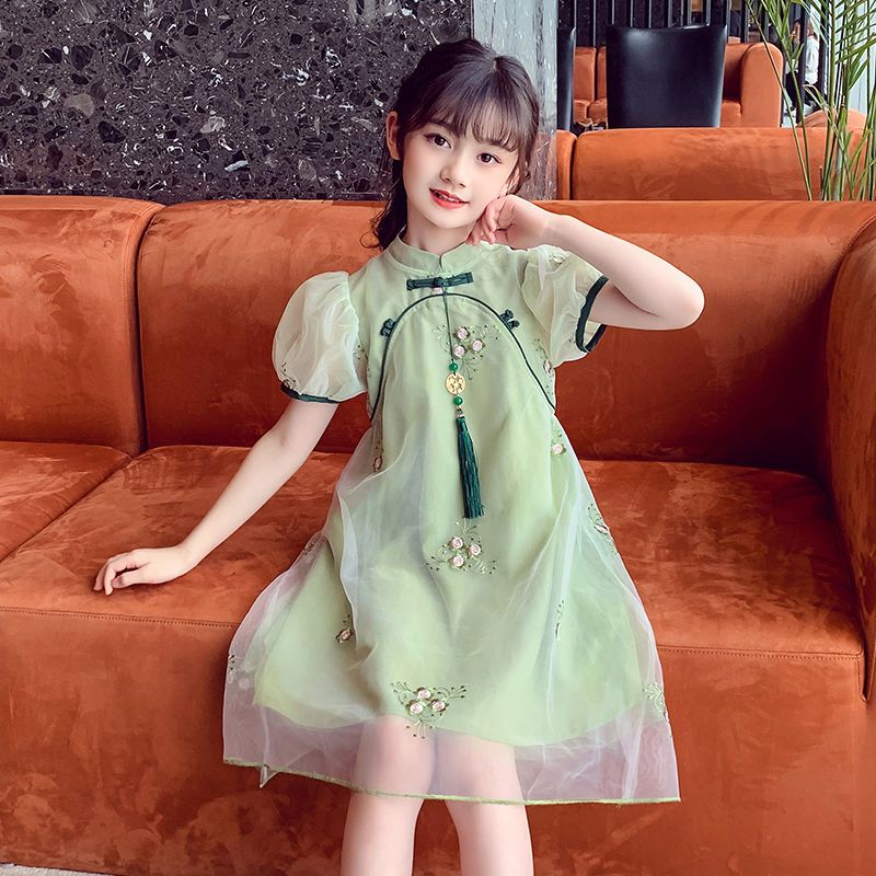 女童夏季旗袍連衣裙2022新款短袖中國風兒童夏裝碎花漢服公主裙子