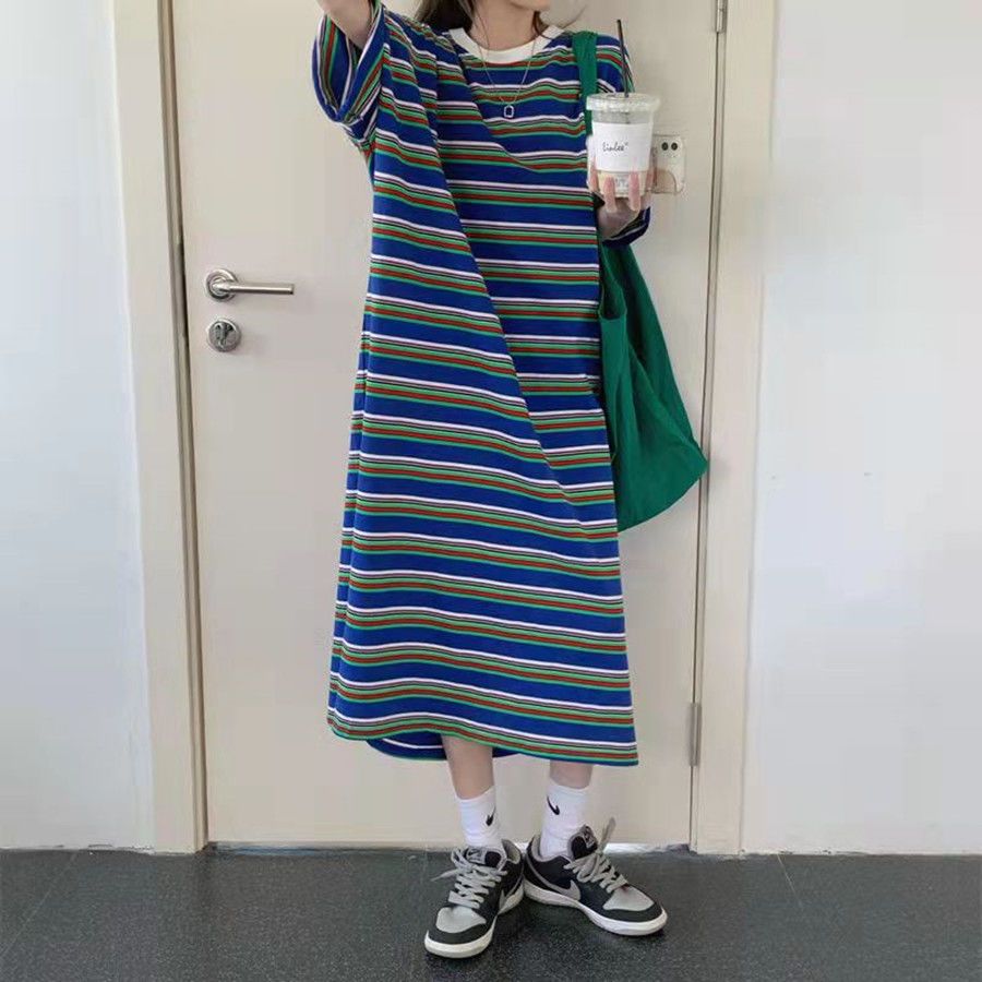 Large size fat mm300 catties lazy striped short-sleeved T-shirt nightdress women's long knee-length loose pajamas home clothes for outside wear