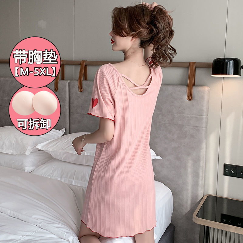 100@Cotton nightdress women with chest pad summer loose and cute student short-sleeved pajamas ladies thin section can be worn outside in summer