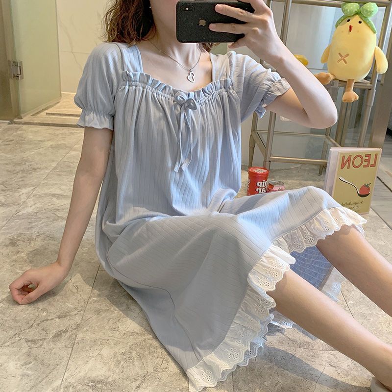 100% cotton pajamas women's summer nightdress fat mm short-sleeved loose Korean version large size can be worn outside maternity skirt 200 catties