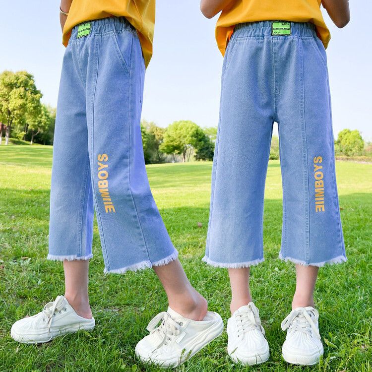 女童牛仔褲薄款女孩七分褲夏天2022新款夏裝洋氣兒童褲子破洞夏季
