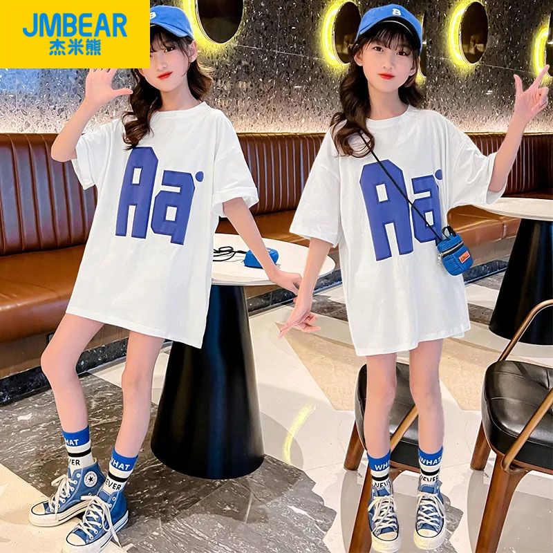Jamie Bear 100% Cotton Girls Summer Dress Mid-Long Short-sleeved T-Shirt Mid-Big Boy Western-style Top Baby Kids