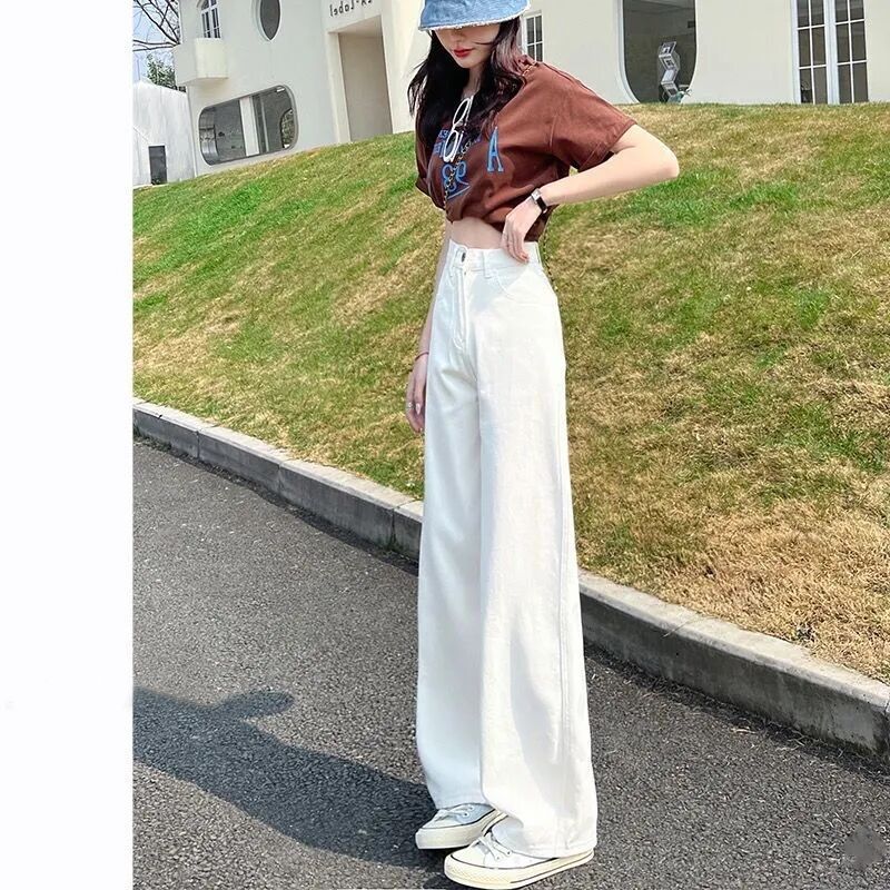 白色高腰闊腿牛仔褲女春季美式新款ins寬鬆顯瘦直筒垂感拖地褲子