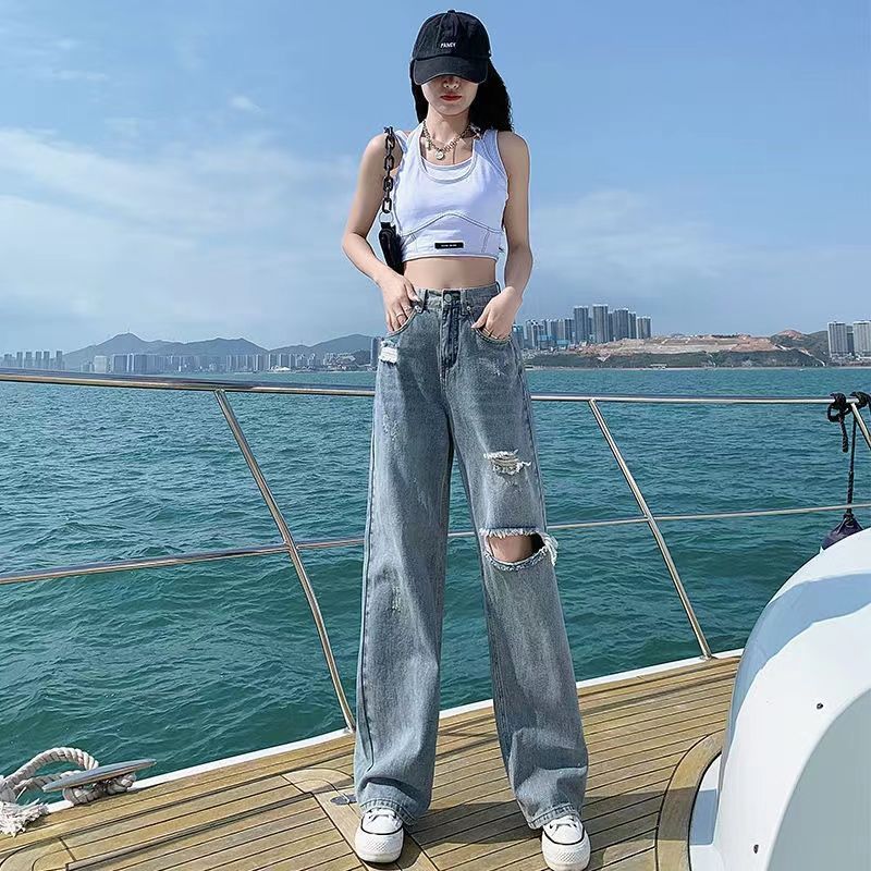 Ripped jeans women's high waist looks thin and versatile 2022 summer thin hot girls loose wide leg pants women's fashion