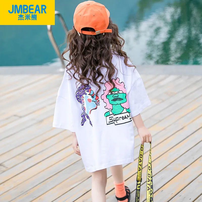 Jamie Bear Girls Summer Dress Mid-length Cotton Short-sleeved Girls Summer Dress New Middle-aged and Big Boys Loose Short-sleeved Trendy Clothes
