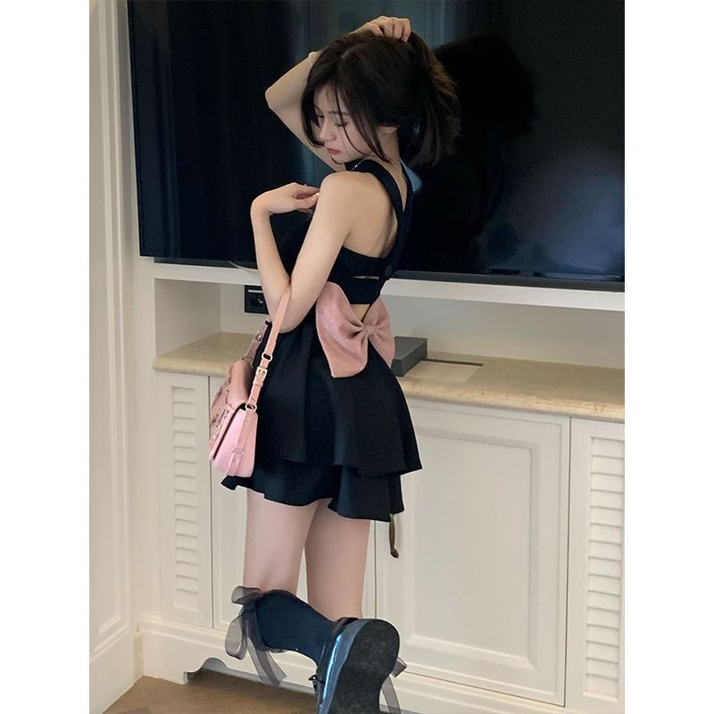 Sweet and spicy bowknot backless pure desire hanging neck dress female summer design sense waist tube top tutu skirt short skirt