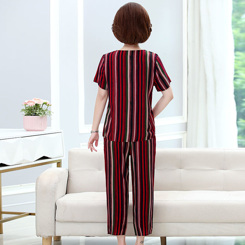 Summer new cotton silk suit middle-aged mother artificial cotton short-sleeved fashion two-piece suit large size thin striped suit