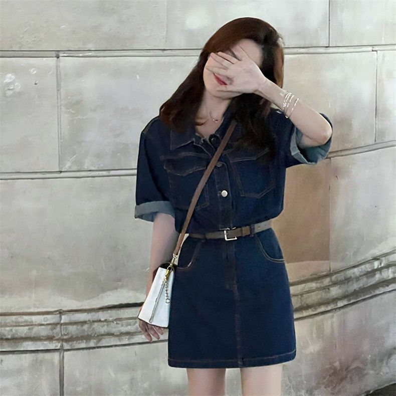 French niche high-end short-sleeved denim dress women's summer small waist slimming all-match a-line skirt tide