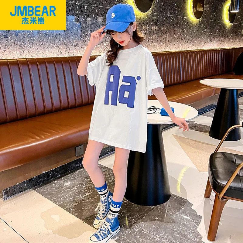 Jamie Bear 100% Cotton Girls Summer Dress Mid-Long Short-sleeved T-Shirt Mid-Big Boy Western-style Top Baby Kids