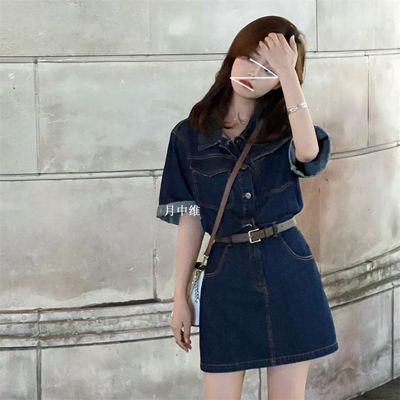 French niche high-end short-sleeved denim dress women's summer small waist slimming all-match a-line skirt tide