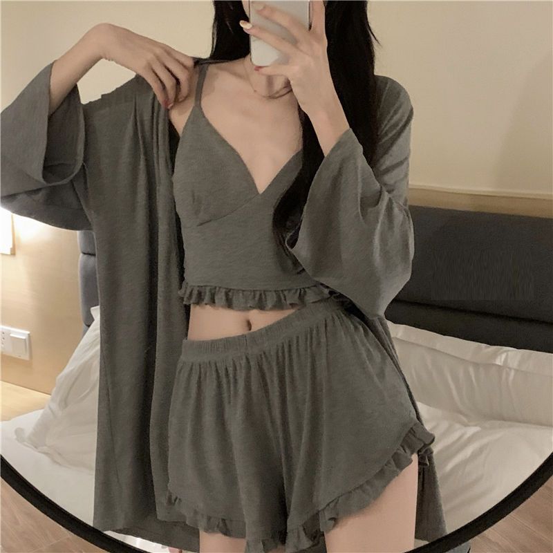 Pajamas with breast pads ins style high beauty women summer style net red three piece set sexy pure desire style suspender Pajamas Set