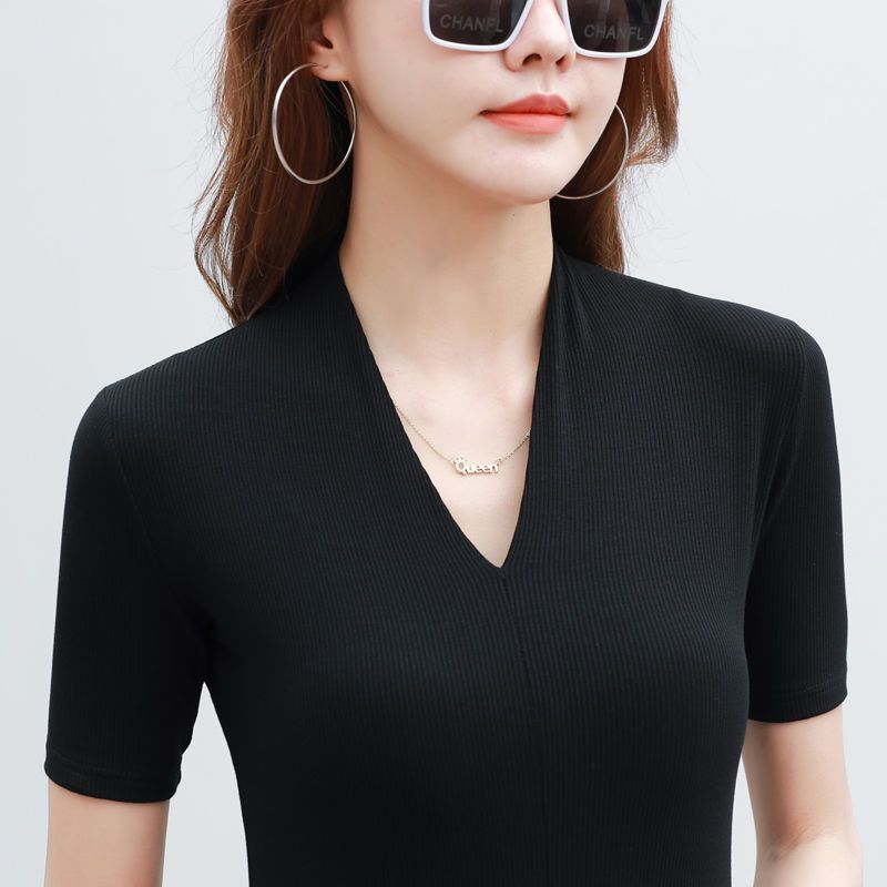 螺紋時尚V領短袖t恤女2023年夏季新款修身氣質半袖體恤上衣ins潮