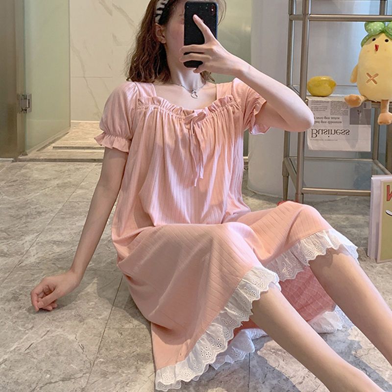 100% cotton nightdress women's summer short-sleeved large size loose Korean pajamas fat mm200 catty summer pregnant women can wear outside