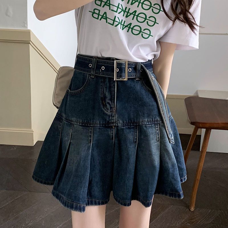 設計感百褶裙女牛仔短裙女夏季2023薄款大碼高腰顯瘦a字半身裙子