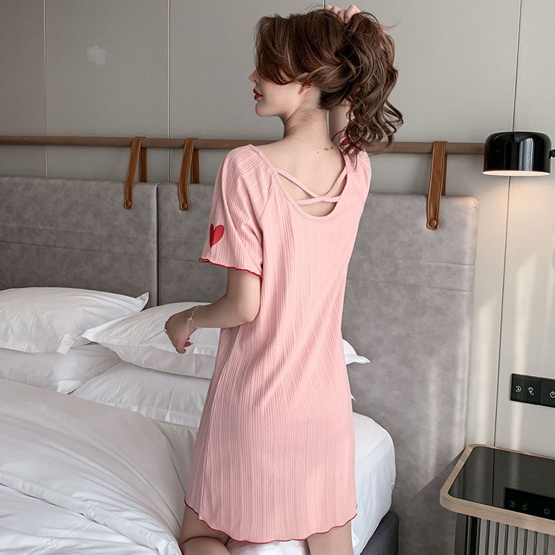 100@cotton nightdress female summer short-sleeved XL loose Korean pajamas fat mm200 catty summer thin section can be worn outside