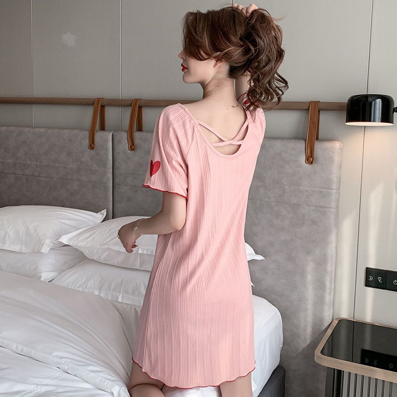 100% cotton nightdress women's summer short-sleeved large size loose Korean pajamas fat mm200 catty summer pregnant women can wear outside