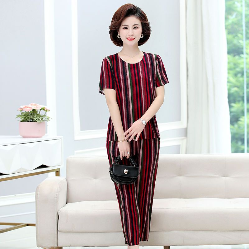 Summer new cotton silk suit middle-aged mother artificial cotton short-sleeved fashion two-piece suit large size thin striped suit