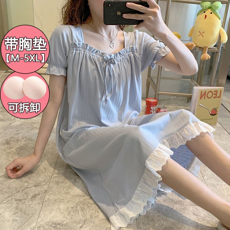 100% pure cotton loose large size Korean style loose pajamas for women in summer with chest pad nightdress for women thin section can be worn outside in summer