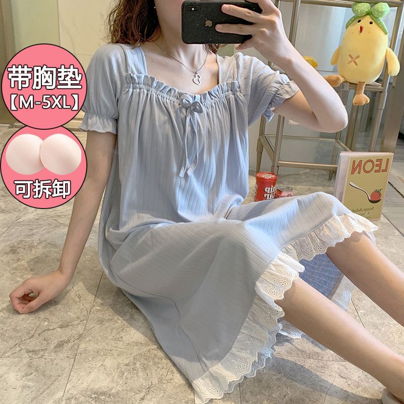 100@Cotton nightdress women with chest pad summer loose and cute student short-sleeved pajamas ladies thin section can be worn outside in summer